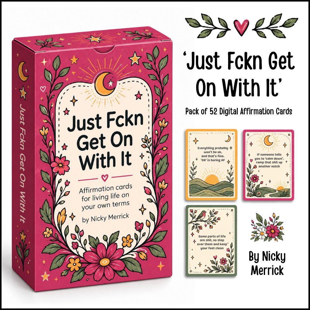 The Just Fckn Get On With It affirmation card box, pink with hand-drawn flowers and stars, alongside three sample cards